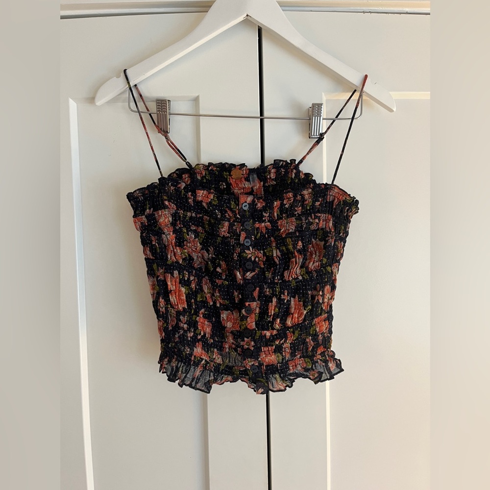 Free People button up tank top, navy and pink color, size small